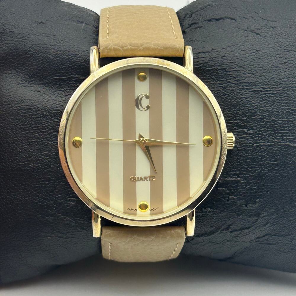 Charming Charlie Stripe Dial Women Quartz Watch Beige Leather Strap New Battery